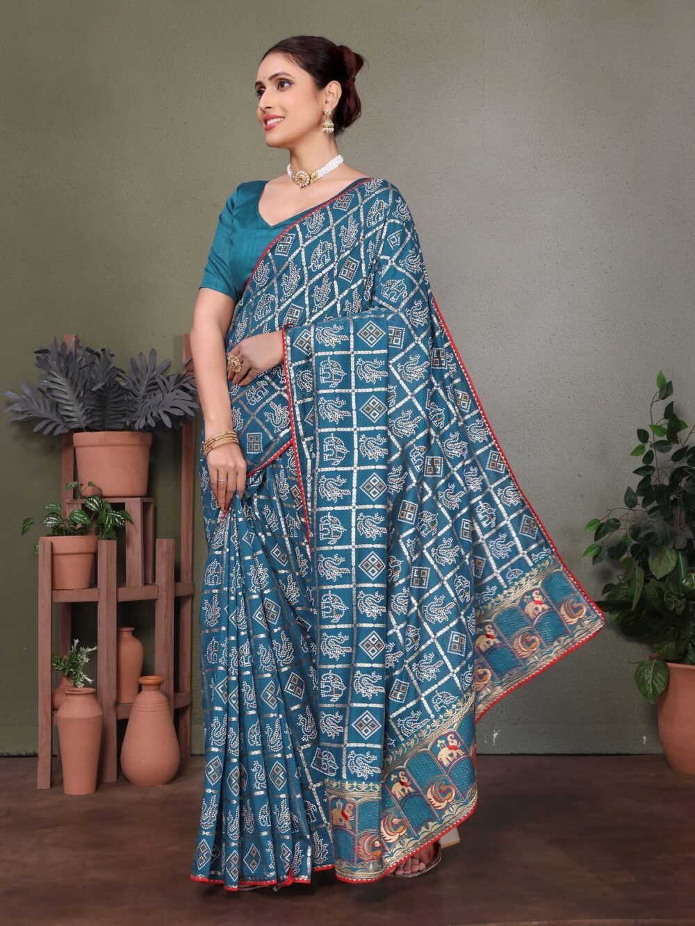 Teal Blue Bandhej Saree - Image 3