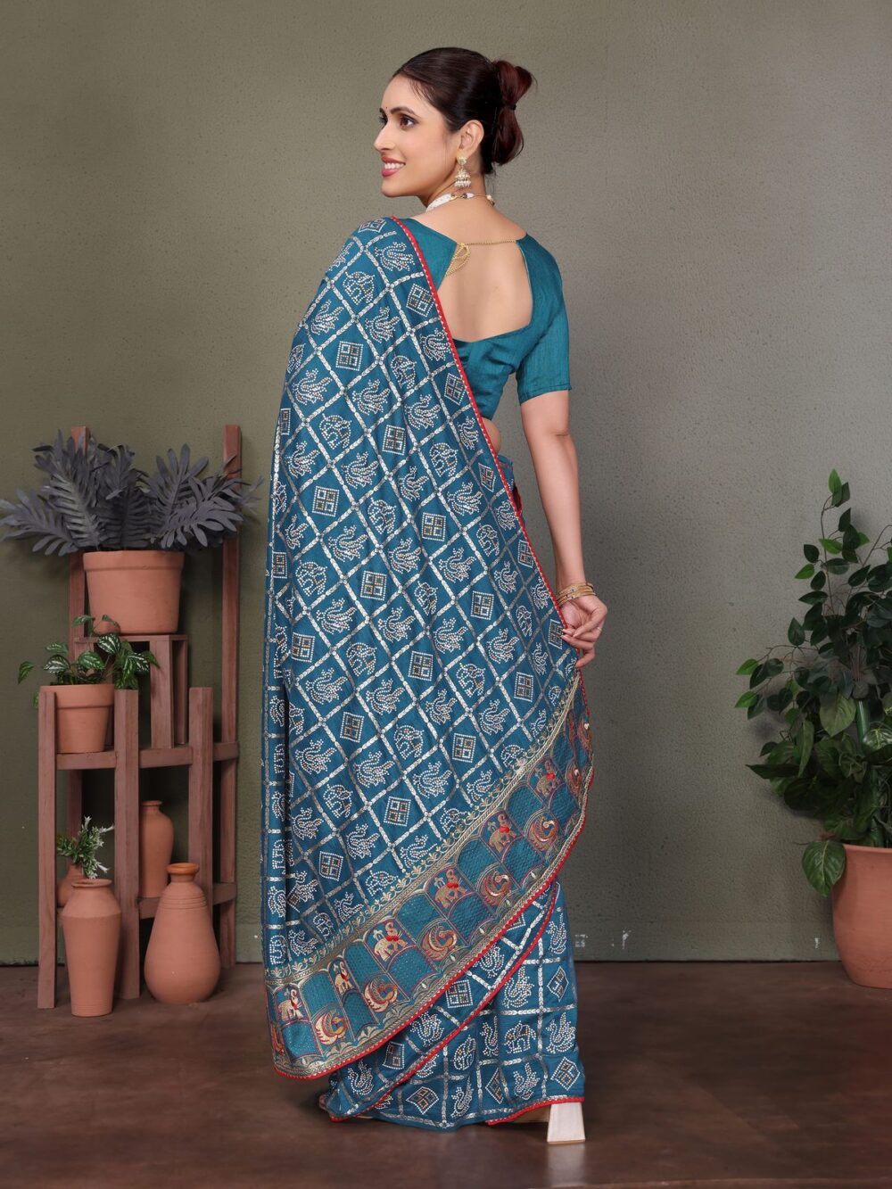 Teal Blue Bandhej Saree - Image 4