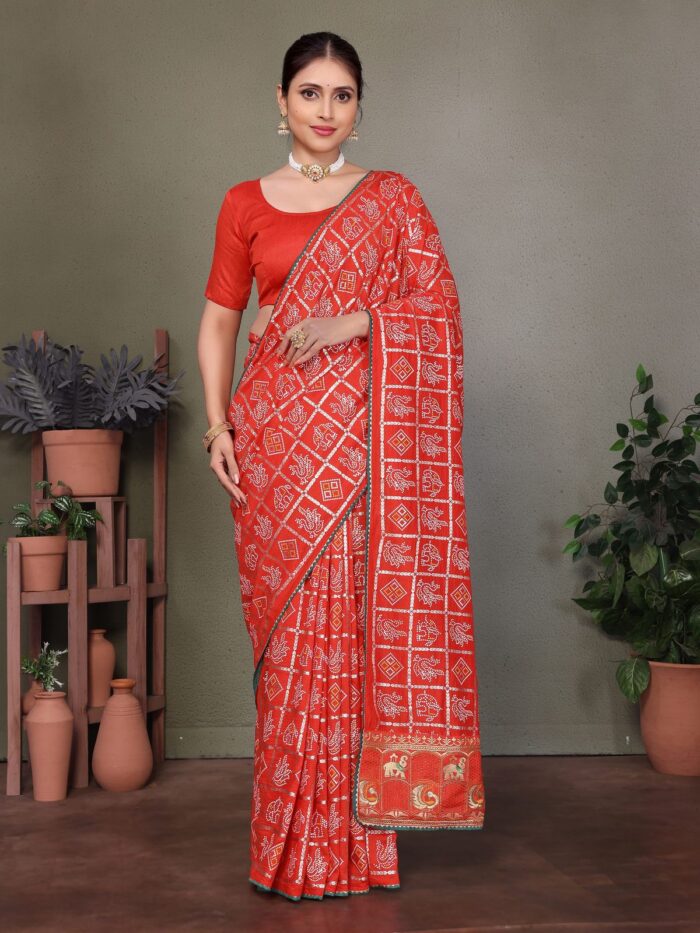Vibrant Red Bandhej Saree