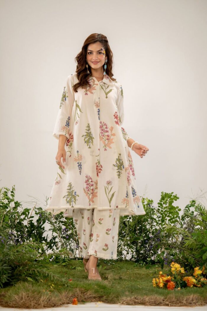 Floral Serenity - Off White Kurta-Pant Set