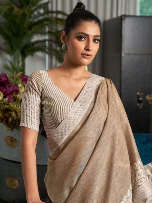 Beige Woven Linen Saree