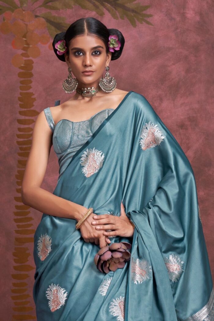 Teal Blue Woven Satin Silk Saree