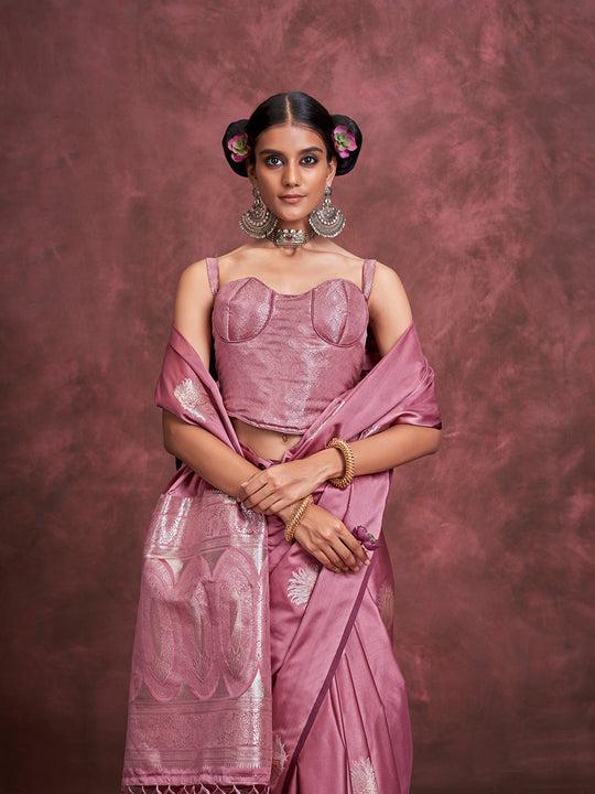 Pastel Pink Woven Satin Silk Saree