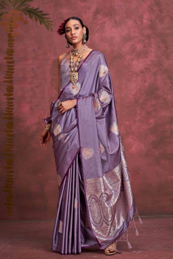 Pastel Purple Woven Satin Silk Saree