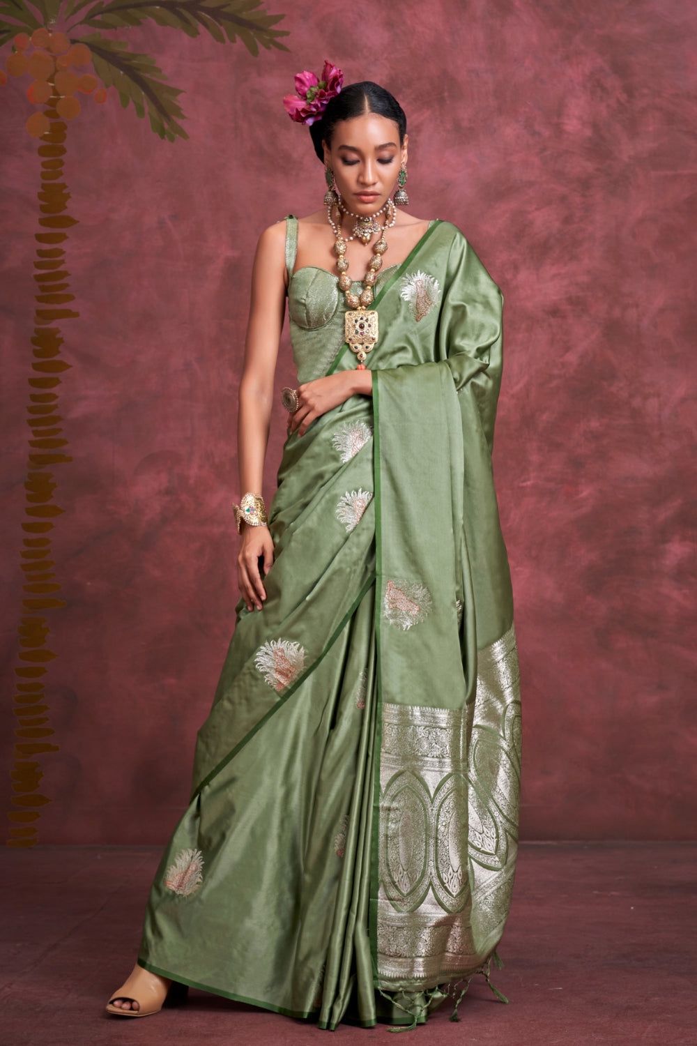 Mint Green Woven Satin Silk Saree