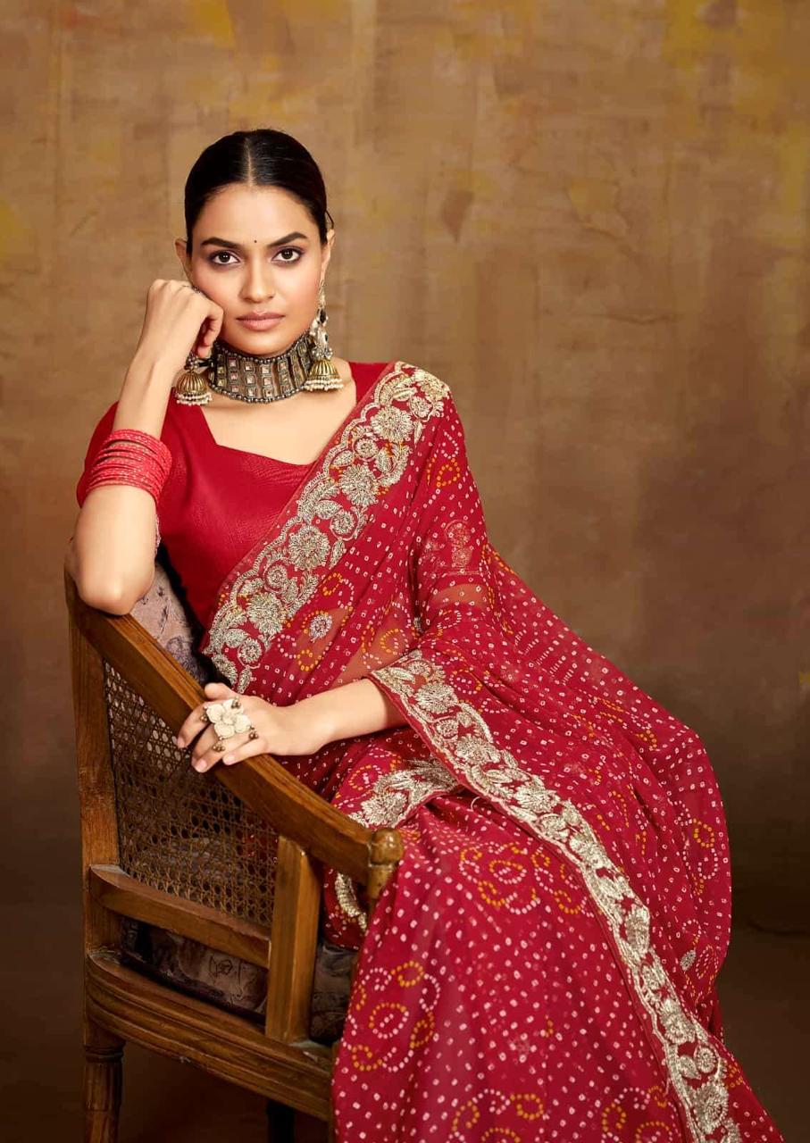 Red Georgette With Pitha Embroidery
