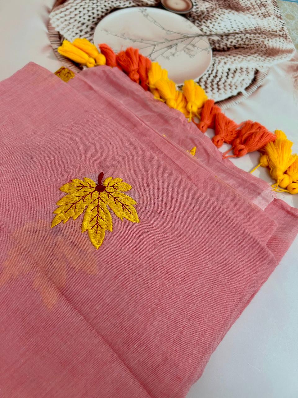Mul Cotton Saree with Embroidered Leaf Pattern