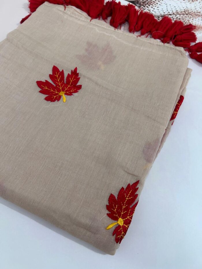 Mul Cotton Saree with Embroidered Leaf Pattern