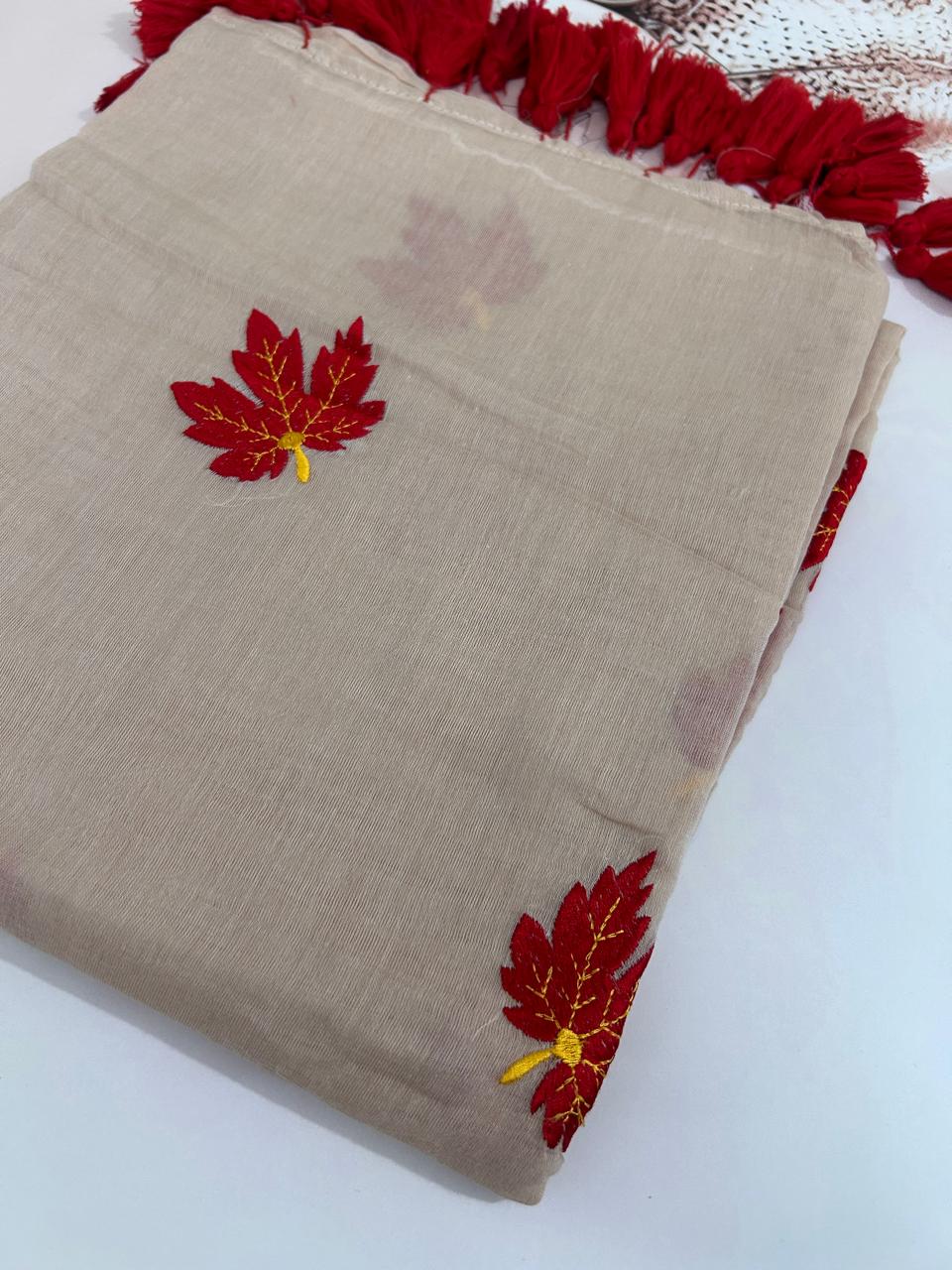 Mul Cotton Saree with Embroidered Leaf Pattern