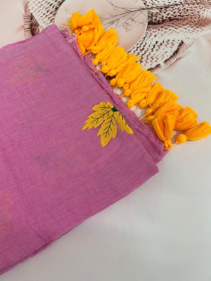 Mul Cotton Saree with Embroidered Leaf Pattern