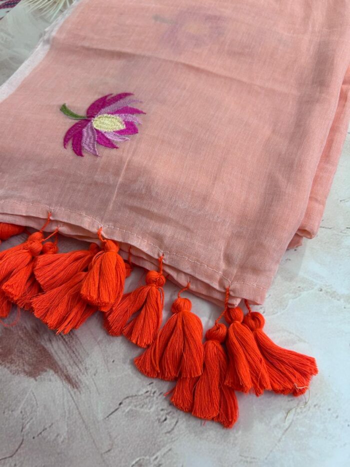 Mul Cotton Saree with Embroidered Lotus Pattern
