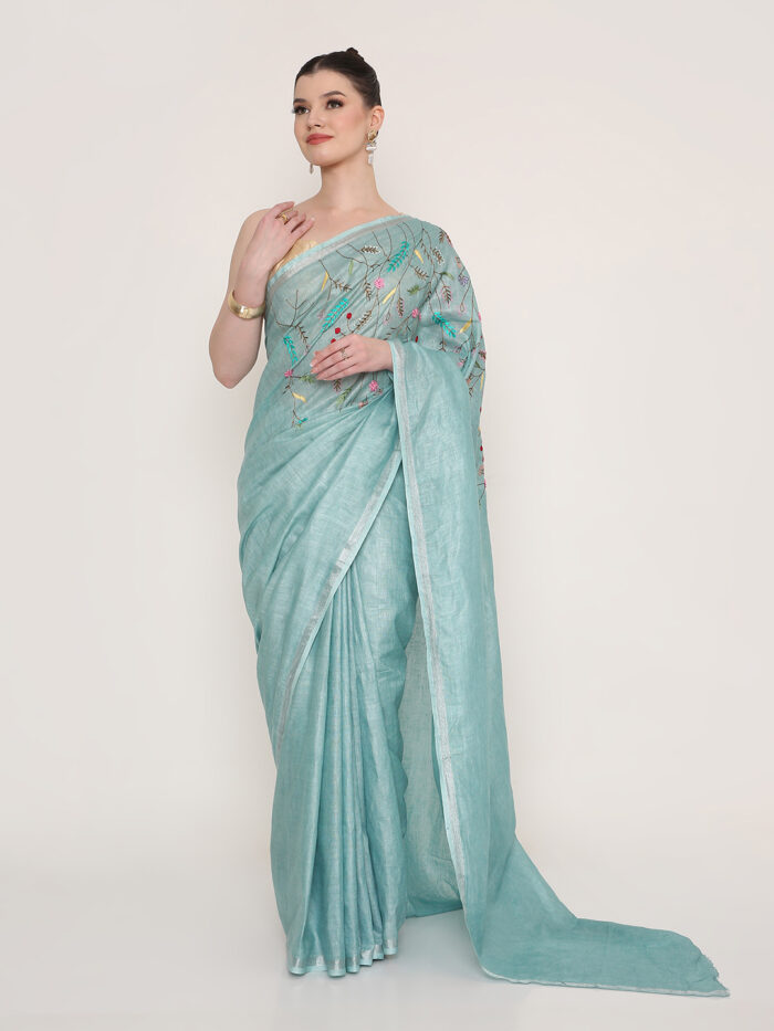 Linen Saree With Thread Work Pallu