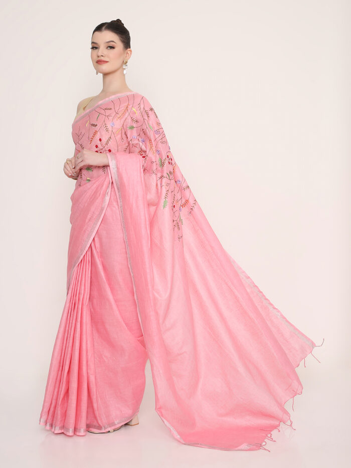 Linen Saree With Thread Work Pallu