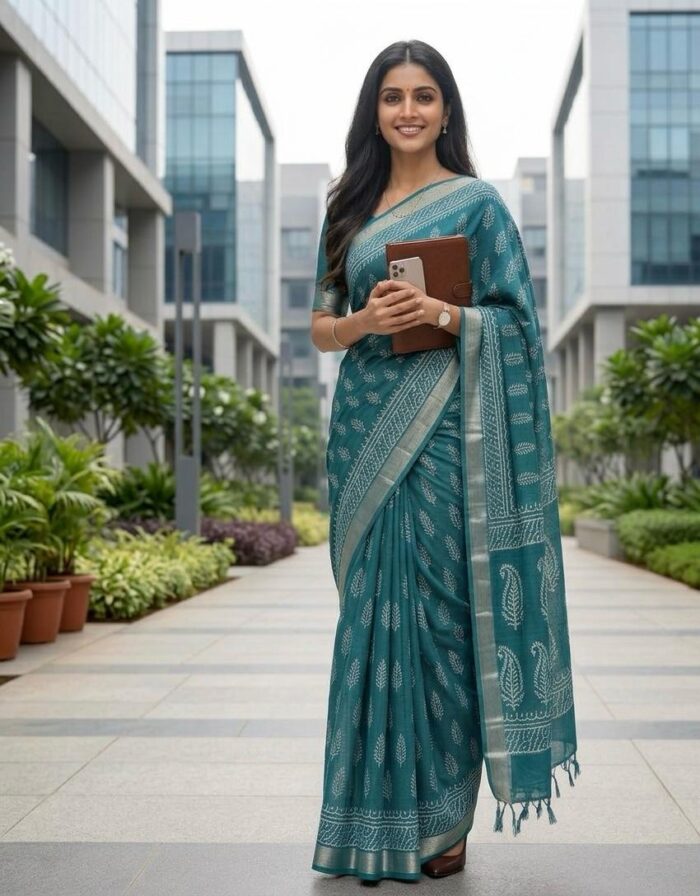 Linen Saree in Bagru Print