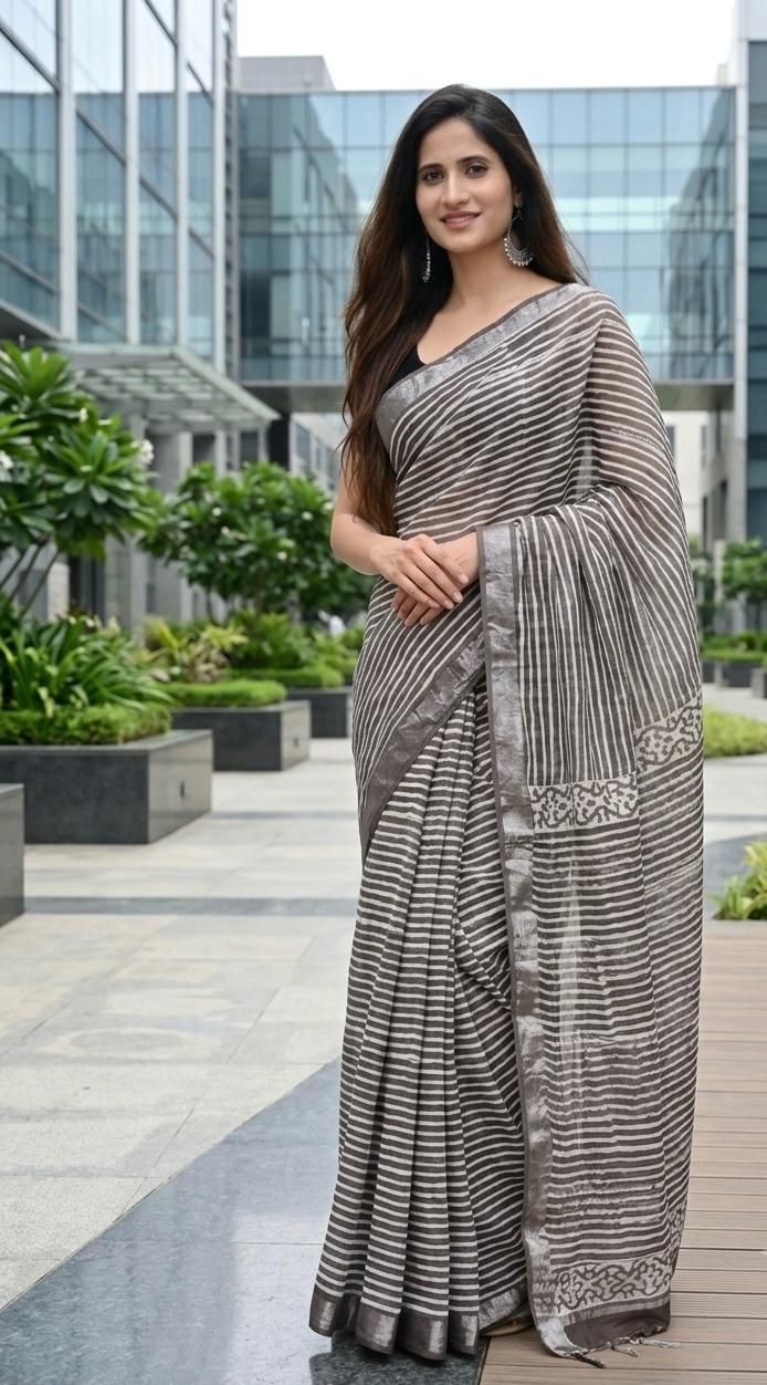 Linen Saree in Bagru Print