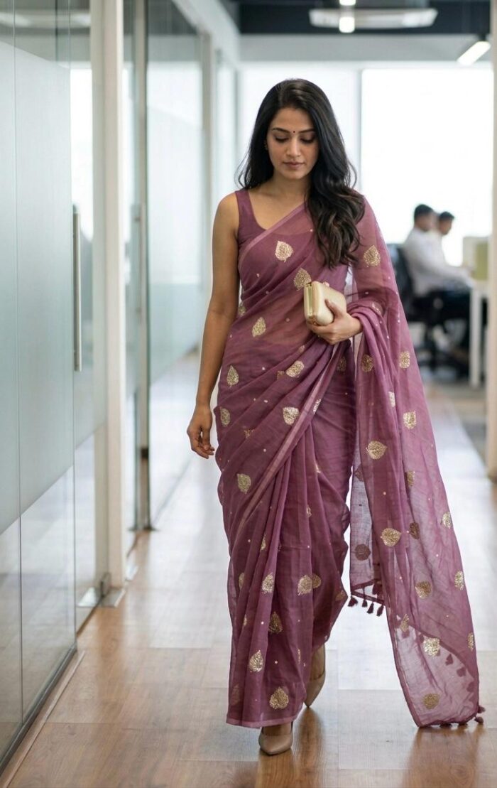 Golden Leaf Sequin Mul Cotton Saree
