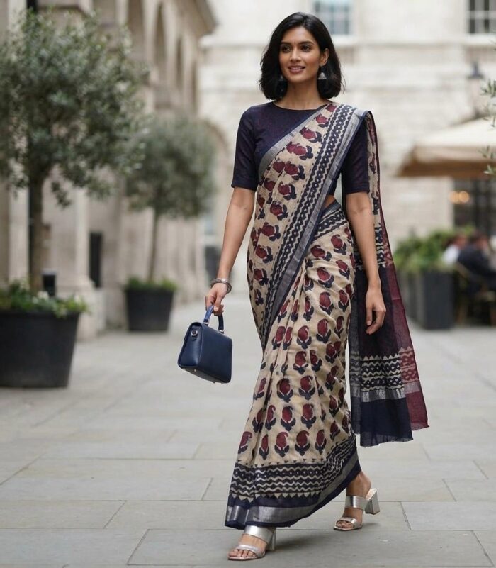 Linen Saree in Bagru Print