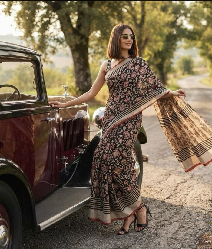 Linen Saree in Bagru Print