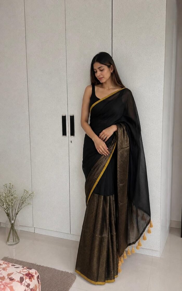 Mulmul Saree with Golden Stripes
