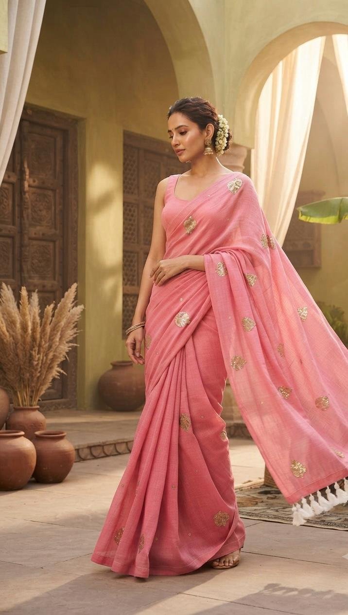 Golden Leaf Sequin Mul Cotton Saree